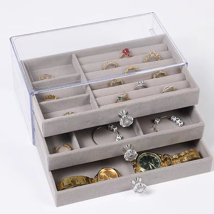 Nueva caja de almacenamiento de joyas con tres cajones transparentes para pendientes, pulseras y anillos