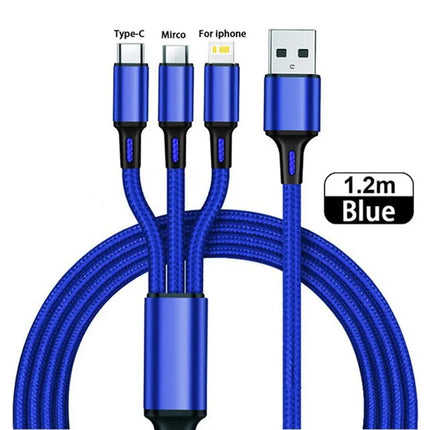 “Cable de Carga Rápida 3 en 1 Lovebay – USB Tipo C, Micro y iOS para iPhone, Huawei y Samsung | Trenzado de Nylon Duradero”