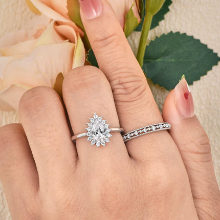 Anillo de compromiso de plata 925 con halo corte pera y alianza de eternidad para mujer con circonia cúbica