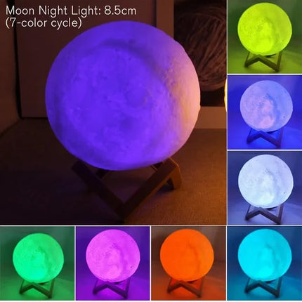 Lámpara de luna LED de 8 cm con soporte, luz nocturna estrellada a pilas, ideal como decoración para dormitorio y regalo para niños