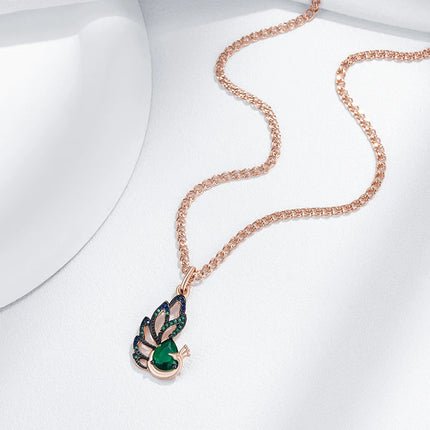 Collar con colgante de pavo real de circonita azul natural para mujer, estilo vintage, chapado en oro rosa 585 y negro. Joyería fina para uso diario