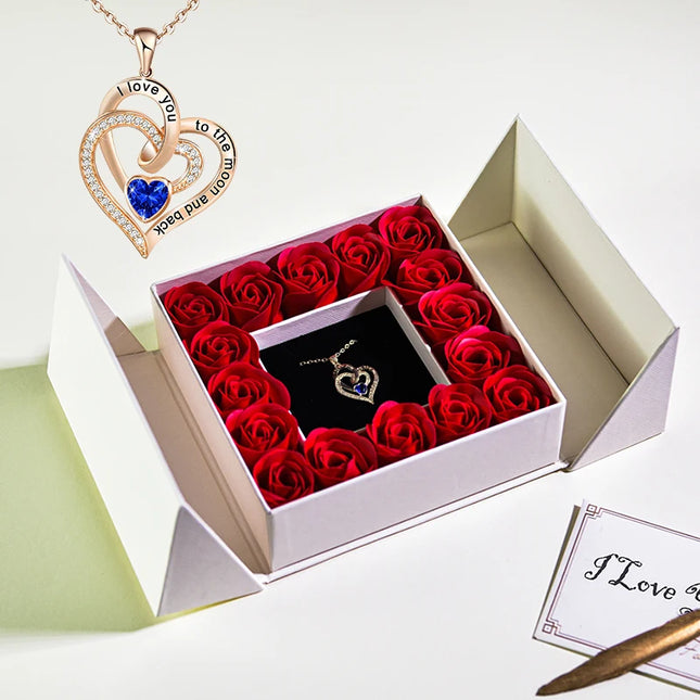Joyero Flor Eterna con Colgante de Cristal Azul | Caja de Regalo con Rosa de Jabón para Novia, Mujer y Mamá