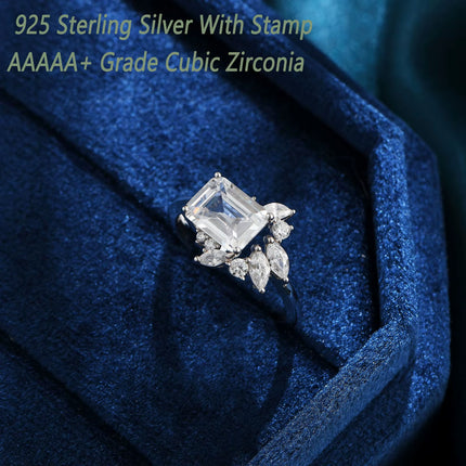 Anillo solitario de plata 925 con corte esmeralda diseño este a oeste para bodas y compromisos con circonia cúbica