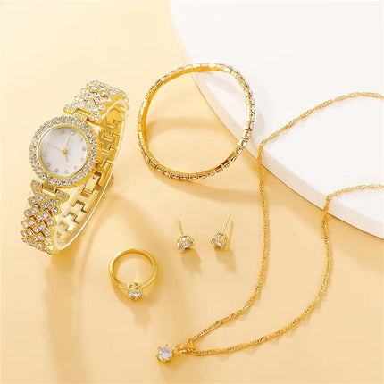 Conjunto de 6 Piezas de Joyería de Lujo para Mujer | Reloj, Anillo, Collar y Pendientes con Diamantes de Imitación