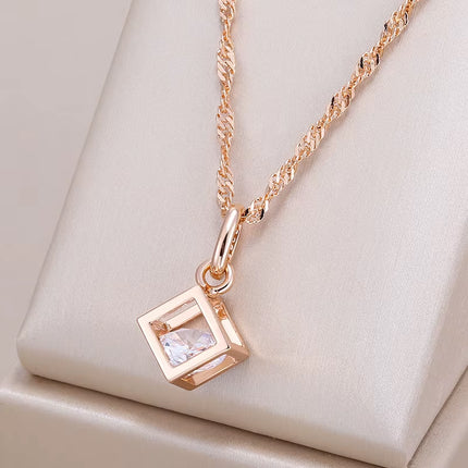 Collar de mujer oro rosa 585 con colgante cuadrado hueco y circonita natural – Elegante joyería fina para uso diario