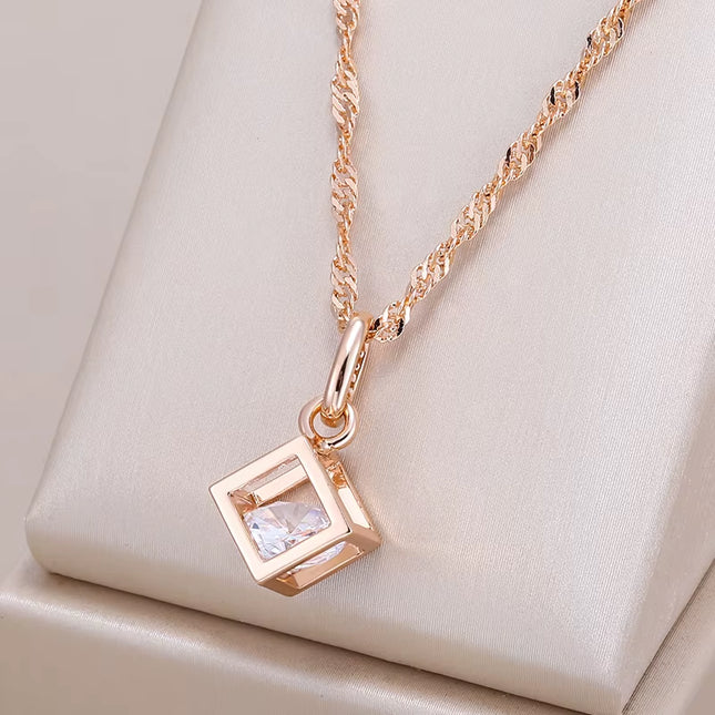 Collar de mujer oro rosa 585 con colgante cuadrado hueco y circonita natural – Elegante joyería fina para uso diario