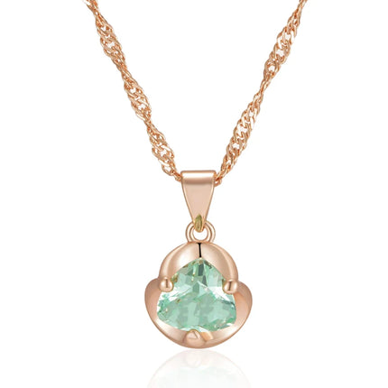 Collar con colgante de novia de circonita natural verde, sencillo y romántico, de lujo, en oro rosa 585. Joyería fina para uso diario. Regalo perfecto para mujer.