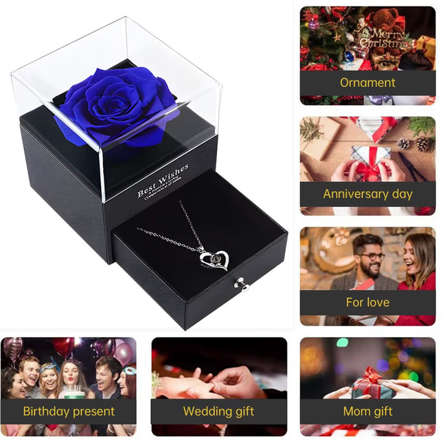 Caja de Rosa Eterna con Collar de Flores Preservadas y Cristal | Regalo Ideal para Mamá, Esposa o Novia