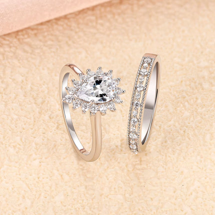 Anillo de compromiso de plata 925 con halo corte pera y alianza de eternidad para mujer con circonia cúbica