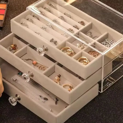 Nueva caja de almacenamiento de joyas con tres cajones transparentes para pendientes, pulseras y anillos