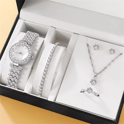 Conjunto de 6 Piezas de Joyería de Lujo para Mujer | Reloj, Anillo, Collar y Pendientes con Diamantes de Imitación