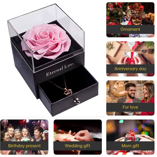 Caja de Rosa Eterna con Collar de Flores Preservadas y Cristal | Regalo Ideal para Mamá, Esposa o Novia