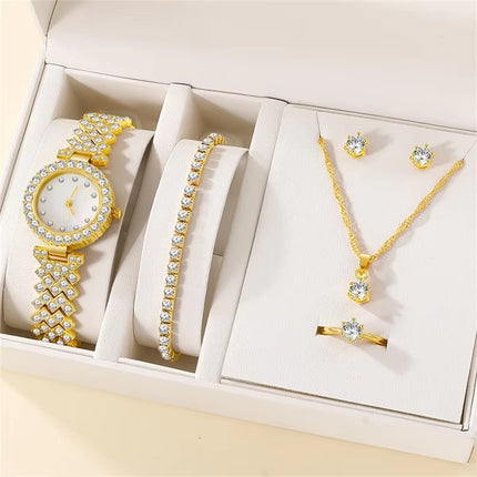 Conjunto de 6 Piezas de Joyería de Lujo para Mujer | Reloj, Anillo, Collar y Pendientes con Diamantes de Imitación