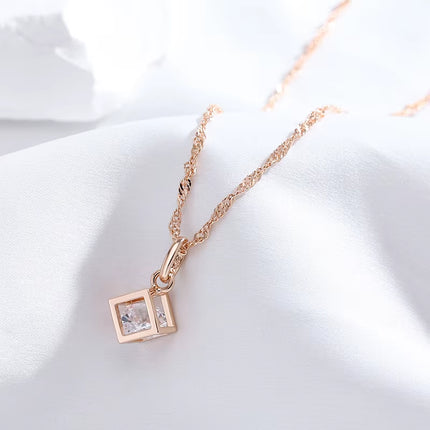 Collar de mujer oro rosa 585 con colgante cuadrado hueco y circonita natural – Elegante joyería fina para uso diario