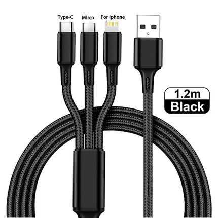 “Cable de Carga Rápida 3 en 1 Lovebay – USB Tipo C, Micro y iOS para iPhone, Huawei y Samsung | Trenzado de Nylon Duradero”