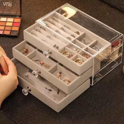 Nueva caja de almacenamiento de joyas con tres cajones transparentes para pendientes, pulseras y anillos