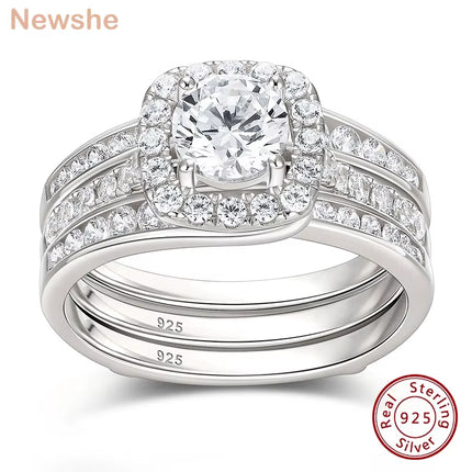 Conjunto de anillos de boda de plata 925 para mujer con anillo de compromiso halo y circonia cúbica de 1 quilate