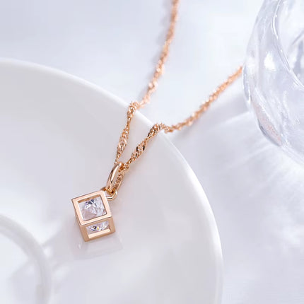 Collar de mujer oro rosa 585 con colgante cuadrado hueco y circonita natural – Elegante joyería fina para uso diario