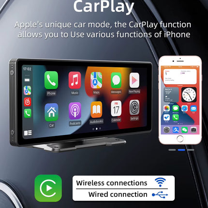 Pantalla Portátil Inalámbrica CarPlay 10,26" | Radio para Coche con Cámara Trasera HD, DVR, MP5 y Android Auto