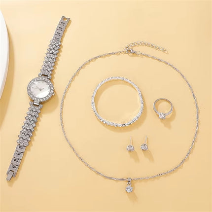 Conjunto de 6 Piezas de Joyería de Lujo para Mujer | Reloj, Anillo, Collar y Pendientes con Diamantes de Imitación