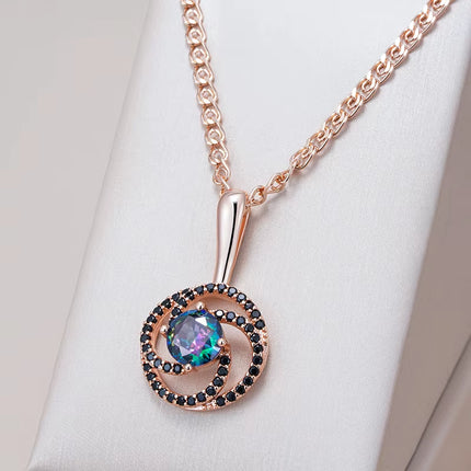 Collar con colgante de oro rosa 585, original y llamativo, para mujer. Brillante y colorido, con circonitas naturales. Joyería fina para uso diario