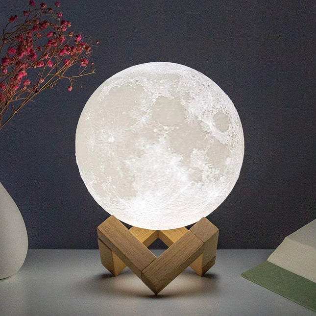 Lámpara de luna LED de 8 cm con soporte, luz nocturna estrellada a pilas, ideal como decoración para dormitorio y regalo para niños