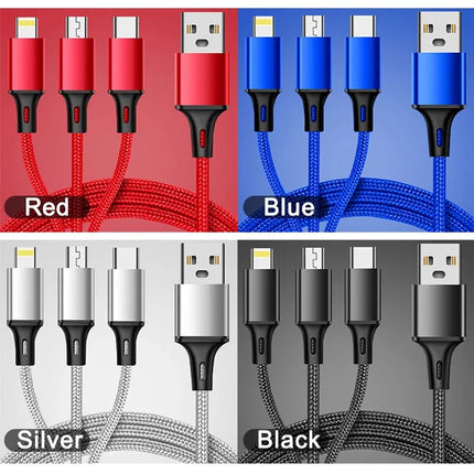 “Cable de Carga Rápida 3 en 1 Lovebay – USB Tipo C, Micro y iOS para iPhone, Huawei y Samsung | Trenzado de Nylon Duradero”