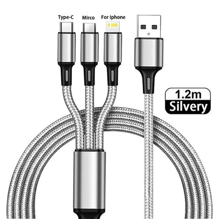 “Cable de Carga Rápida 3 en 1 Lovebay – USB Tipo C, Micro y iOS para iPhone, Huawei y Samsung | Trenzado de Nylon Duradero”