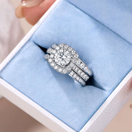 Conjunto de anillos de boda de plata 925 para mujer con anillo de compromiso halo y circonia cúbica de 1 quilate