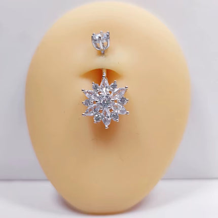 Piercing de ombligo en plata 925 con circonitas cúbicas – Diseño de flor elegante y brillante