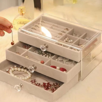 Nueva caja de almacenamiento de joyas con tres cajones transparentes para pendientes, pulseras y anillos