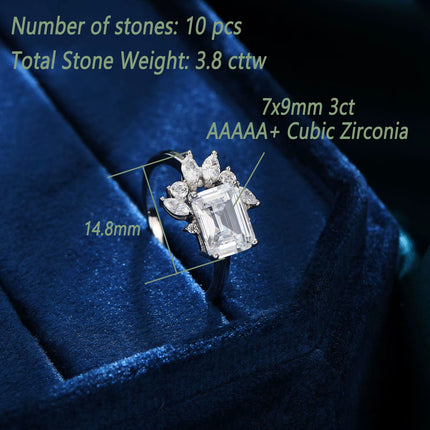 Anillo solitario de plata 925 con corte esmeralda diseño este a oeste para bodas y compromisos con circonia cúbica