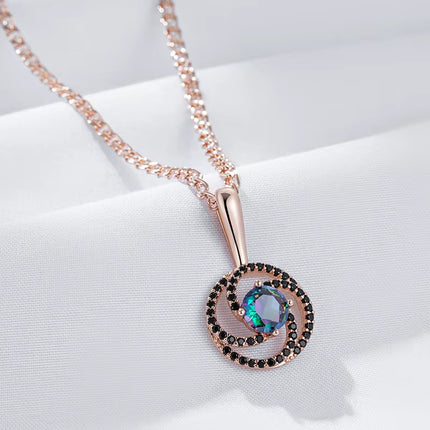 Collar con colgante de oro rosa 585, original y llamativo, para mujer. Brillante y colorido, con circonitas naturales. Joyería fina para uso diario