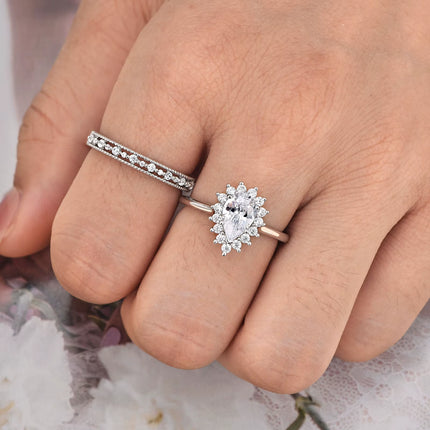 Anillo de compromiso de plata 925 con halo corte pera y alianza de eternidad para mujer con circonia cúbica