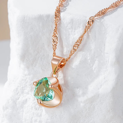 Collar con colgante de novia de circonita natural verde, sencillo y romántico, de lujo, en oro rosa 585. Joyería fina para uso diario. Regalo perfecto para mujer.