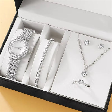 Conjunto de 6 Piezas de Joyería de Lujo para Mujer | Reloj, Anillo, Collar y Pendientes con Diamantes de Imitación