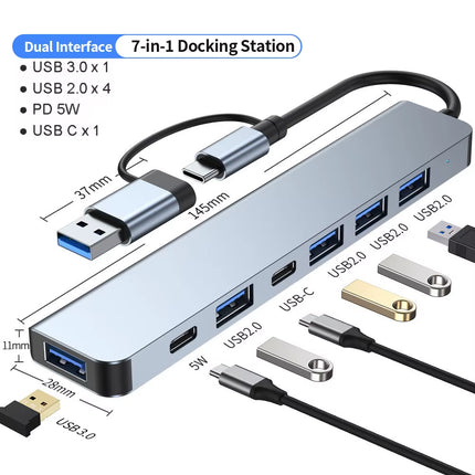 Concentrador USB-C 7 en 1 VIENON, hub de aluminio con USB 3.0, 4 puertos USB 2.0 y 2 puertos USB-C