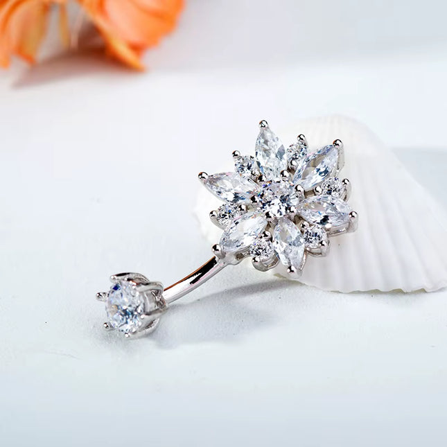 Piercing de ombligo en plata 925 con circonitas cúbicas – Diseño de flor elegante y brillante
